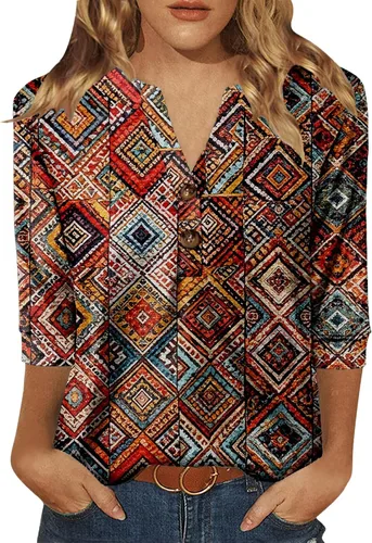 Vista 12 de Dimur Camisetas de manga 3/4 con cuello en V y botones para mujer, traje casual de negocios, camiseta básica de verano 2025