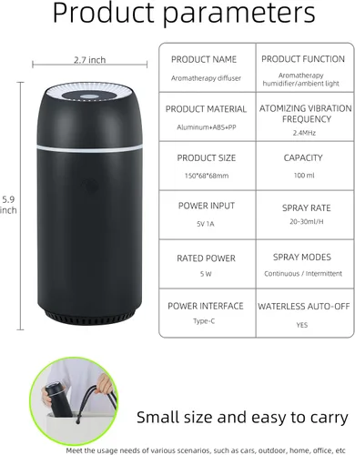 Vista 6 de Difusor de automóvil para aceites esenciales, portátil, mini humidificador ultrasónico de niebla de 3.4 fl oz, difusor ambientador de aromaterapia
