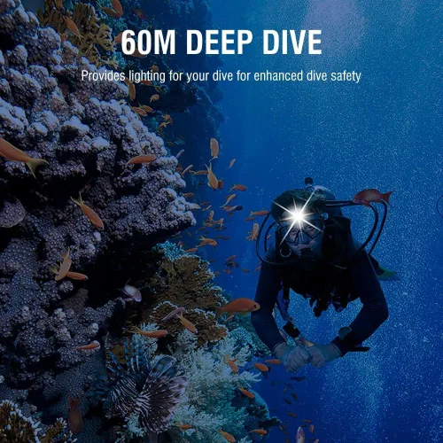 Vista 7 de LUXNOVAQ Linterna de buceo súper brillante recargable linterna IPX8 impermeable luz de buceo 5 modos submarina de seguridad lámpara de cabeza