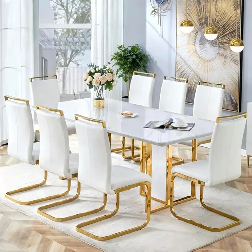 Vista 31 de Juego de mesa de comedor de mármol blanco de 63" para 6 Sillas negras 1