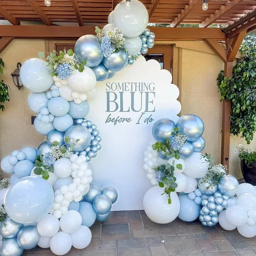 Vista 6 de Kit de arco de globos azules, 128 piezas globos azules y blancos, globos azules y blancos de doble relleno, globos de color azul claro y blanco