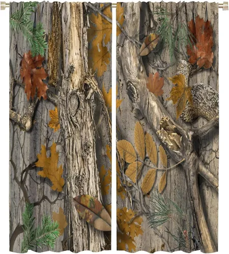 Vista 19 de Cortinas opacas de camuflaje de bosque, animales salvajes, osos, ciervos, alces, con bolsillo para barra, para sala de estar, dormitorio, decoración