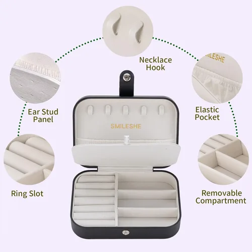 Vista 2 de Smileshe Joyero estuche de viaje portátil pequeño de piel sintética organizador de 2 capas cajas de almacenamiento para anillos aretes collares