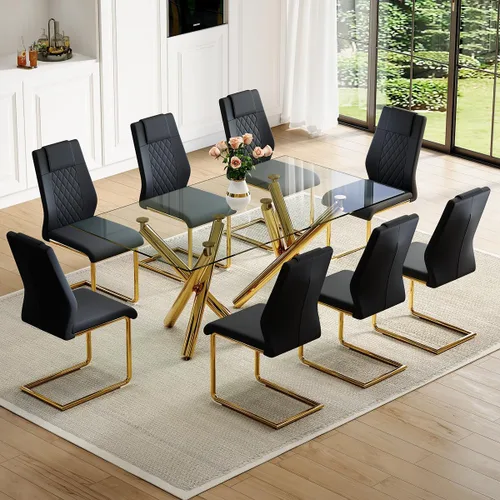 Vista 23 de Juego de mesa de comedor de cristal para 6, 71 pulgadas juego de mesa de comedor moderno para 6 7 Piece Dining Table Set, 6 White Dining Chairs