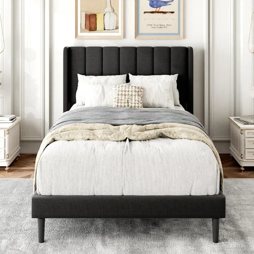 Vista 29 de Gruwans Base de cama de tamaño individual con cabecera tapizada con respaldo de ala, plataforma de fácil montaje, soporte de listones de madera,