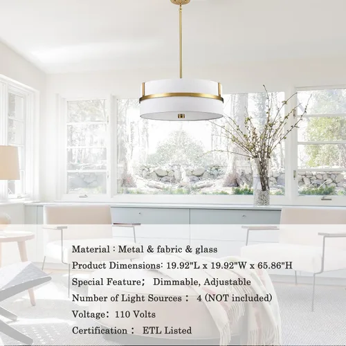 Vista 8 de HYDELITE Lámpara colgante dorada con tambor moderno 4 luces con pantalla de lino para comedor, sala de estar, dormitorio, isla de cocina