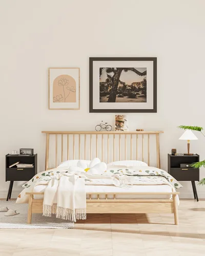 Vista 7 de Veegle Mesita de noche, moderna mesita de noche con cajón de almacenamiento y estante de madera abierta, mesita de noche decorativa con patas