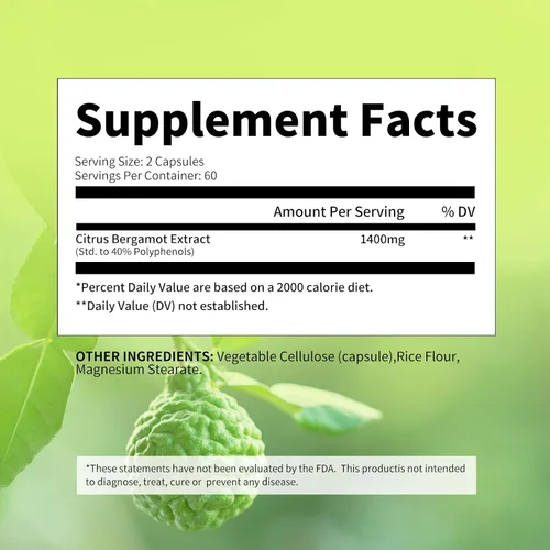 Vista 7 de Bergamota cítrica orgánica de 1400 mg, 120 cápsulas – Bergamia cítrica 25:1 – Aceite esencial y bioflavonoides cítricos – Suplementos naturales