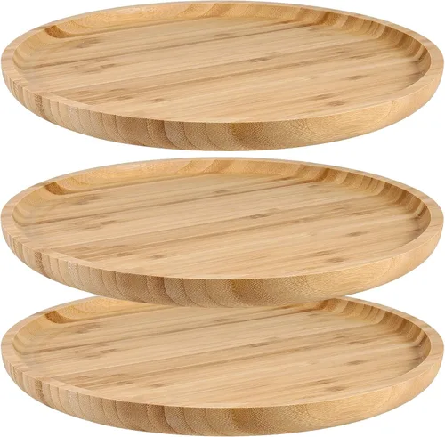 Vista 12 de JOIKIT Paquete de 3 Bandejas Redondas de Bambú de 8 Pulgadas, Platos Redondos de Madera Finamente Pulida, Bandeja de Servir de Bambú para Sostener