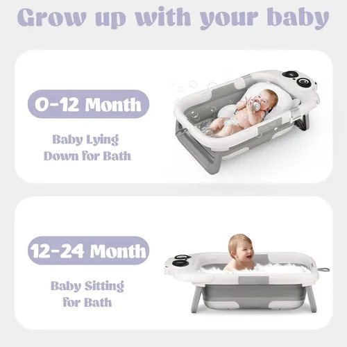 Vista 3 de Bañera plegable para bebé, 0-24 meses, termómetro, cojín suave (gris) Pliegues planos, portátiles, antideslizantes, para recién nacidos a niños