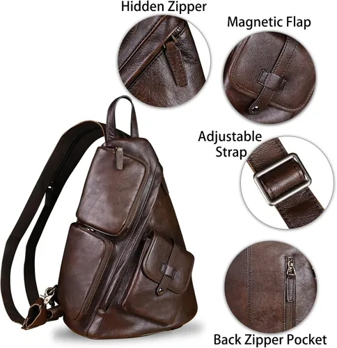 Vista 6 de Bolso bandolera grande de cuero genuino para hombres y mujeres, bolso bandolera grande para el hombro, bolso cruzado en el pecho para iPad, Café