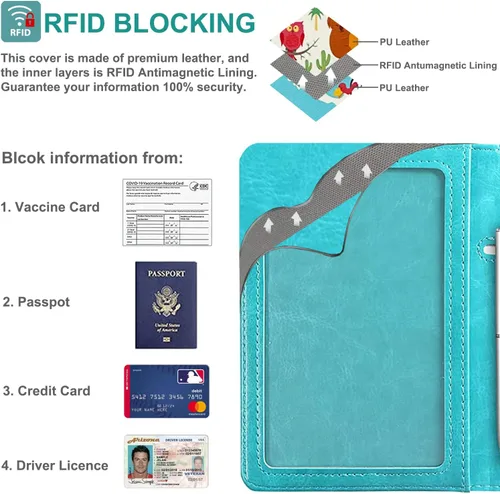 Vista 3 de RSAquar Combo de portatarjetas de pasaporte y vacunación, funda de pasaporte, funda de cuero para tarjetas de viaje, accesorios con bloqueo RFID