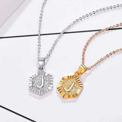 Vista 6 de FOCALOOK Initial Necklaces for Women Yellow GoldPlatinum Plated Hexagon Letter Pendant Necklace 18 Inch