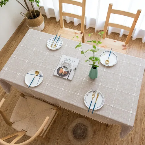 Vista 12 de Dimatic Mantel de Algodón y Lino de Peso Pesado - Mantel Redondo de 60 Pulgadas - Cubierta de Mesa con Costura de Borlas para Decoración de Beige