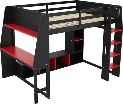 Vista 6 de KLMM Cama loft de madera creativa de tamaño individual con escritorio y estantes de almacenamiento múltiple, LED y un perchero para colgar ropa