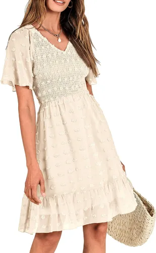 Vista 6 de BTFBM - Vestido de vacaciones en la playa para mujer, cuello en V, manga corta, fruncido, plumetí, casual, con volantes,vestidos cortos