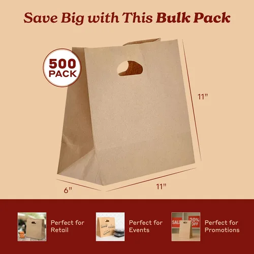 Vista 6 de PTP BAGS - Bolsas naturales y blancas de papel de estraza, 11 x 6 x 11 pulgadas, bolsas para servicio de alimentos