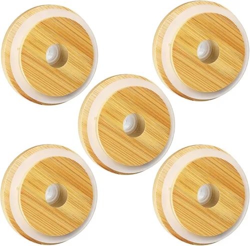 Vista 9 de Tapas de bambú para vasos de vidrio, tapas de madera para latas de cerveza de 16 oz con agujero para pajilla, cubierta de repuesto para tarros Mason