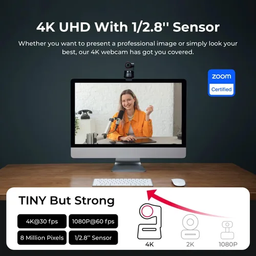 Vista 2 de OBSBOT Tiny PTZ 4K Webcam, Encuadre y enfoque automático alimentado por IA, cámara de videoconferencia 4K con micrófonos omnidireccionales duales
