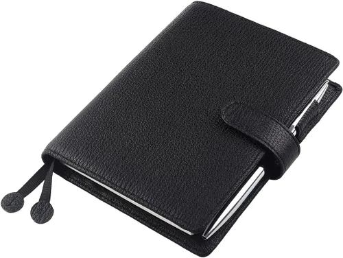 Vista 5 de Funda para planificador de cuero genuino A6 con presilla para bolígrafo, ranuras para tarjetas, bolsillos con cremallera, funda para organizador