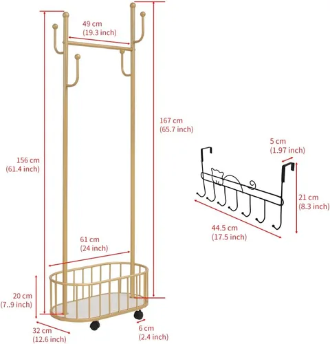 Vista 3 de Perchero de Ropa Dorado con Ruedas Perchero Rodante con Cesta de Almacenamiento Perchero de Abrigos de Metal Móvil Soporte Perchero Moderno