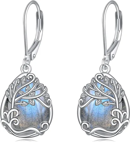 Vista 150 de Aretes colgantes con forma de lágrima de filigrana de piedra lunar de plata de ley 925 con cierre de palanca para mujer, regalos de joyería