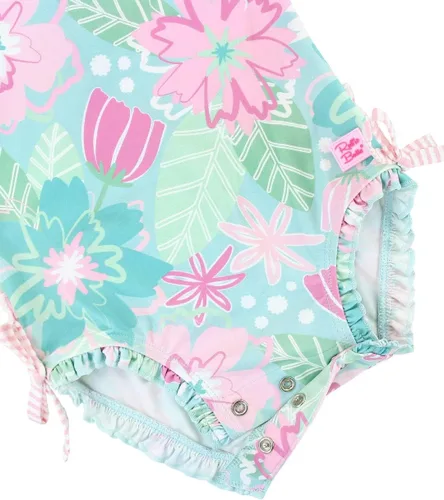 Vista 6 de RuffleButts® Traje de baño de una pieza de manga larga para bebés y niñas pequeñas con protección solar UPF 50+, En flor
