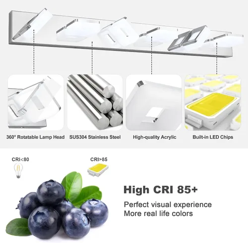 Vista 4 de GOODATE Lámparas de baño regulables de 3 colores sobre el espejo, luces LED cromadas, de acero inoxidable acrílico, 6 luces de tocador de baño