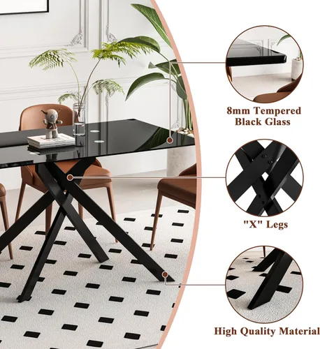 Vista 7 de Mesa de comedor de vidrio negro de 51.2 pulgadas para 4, mesa rectangular de comedor de cocina para 4, mesa rectangular de vidrio templado de 0.32