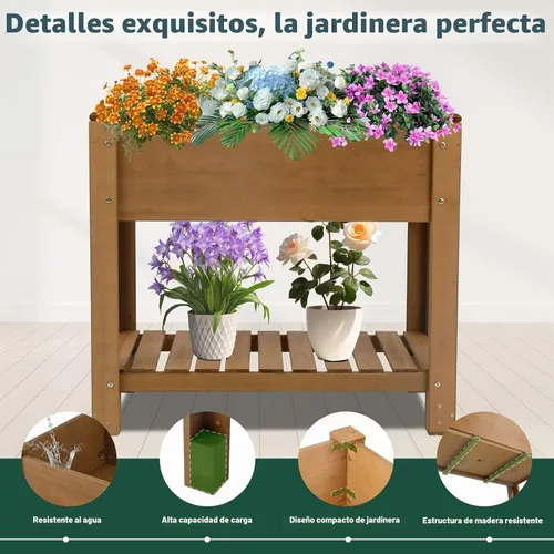 Vista 4 de Cama de jardín elevada para exteriores, jardineras de madera con patas forro protector y agujeros de drenaje, macizos de flores elevados para jardín
