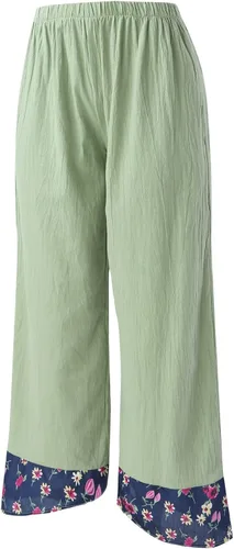 Vista 4 de Casual Pants for Women for Work Summer Wide Leg Pants Irregular Print Splice Loose Cotton Linen Pants with Pockets