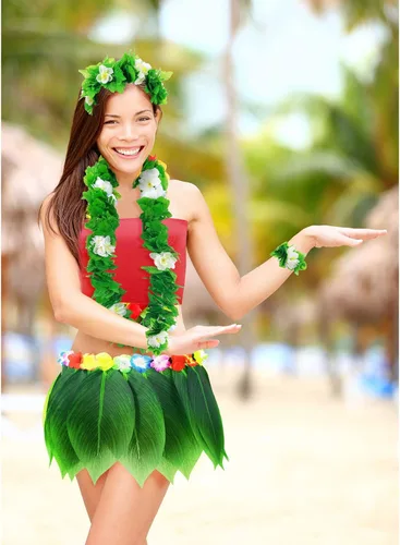 Vista 5 de Yahenda Disfraz hawaiano de 6 piezas para mujer, falda hula de hoja con top corto, collar de flores y trajes de Leis para fiesta de verano Luau