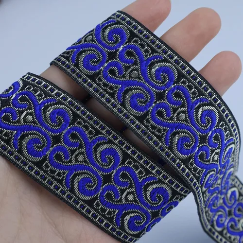 Vista 2 de Cinta jacquard boho de 5 yardas bordada azul marino para coser, bolso hecho a mano, decoración de ropa