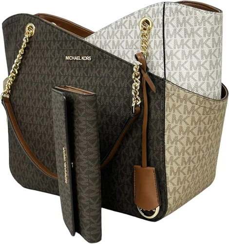 Vista 2 de Michael Kors Jet Set - Cartera de viaje con cadena grande, color marrón, MK, multicolor, color marrón, triple cartera, Marrón
