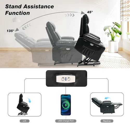 Vista 4 de Silla reclinable eléctrica para personas mayores con masaje y calor, piel sintética, reclinable eléctrico con puertos USB, portavasos, bolsillos