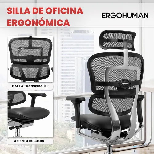 Vista 5 de Ergohuman Eurotech LEM4ERG - Silla de oficina ejecutiva de malla con respaldo alto con asiento de cuero, control de tensión de inclinación, bloqueo
