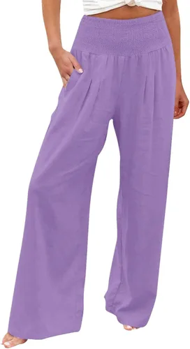 Vista 28 de SHAOBGE Pantalones palazzo de verano para mujer, cintura alta, pierna ancha, casual, cintura elástica, pantalones de playa con bolsillos