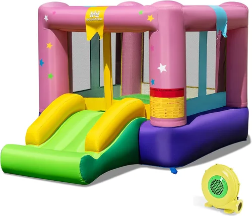 Vista 9 de BOUNTECH Casa inflable de rebote para niños de 3 a 12 años para interiores y exteriores con soplador de 480 W, área de salto, tobogán, juego