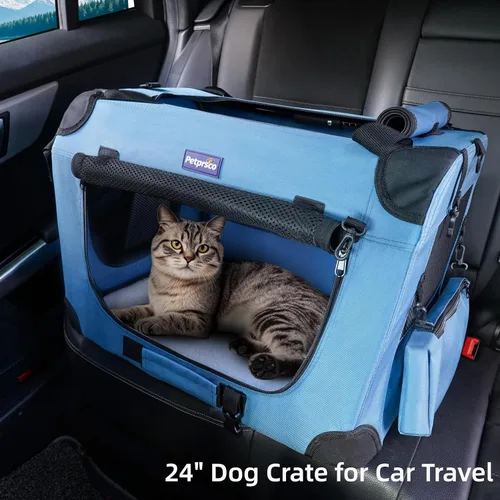 Vista 7 de Jaula portátil plegable para perros Petprsco, jaula de viaje para perros 24x17x17 con manta suave y cálida y cuenco plegable para gatos grandes