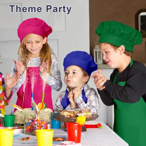 Vista 7 de Juego de delantal y sombrero de chef para niños, 24 piezas con 2 bolsillos ajustables para cocinar, aula, hornear, pintura, 6 a 13 años