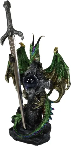Vista 4 de Ebros Gift Legendario dragón celta metálico verde tierra sosteniendo una cruz alta con orbe azul y garra draconiana, abrecartas figurita