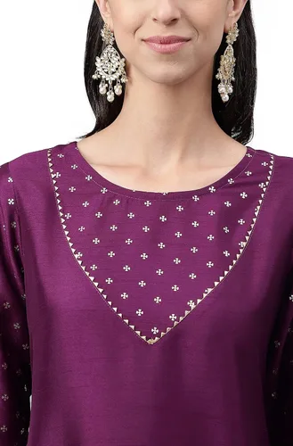 Vista 7 de Janasya Kurta sólido de seda crepé púrpura para mujer con pantalón