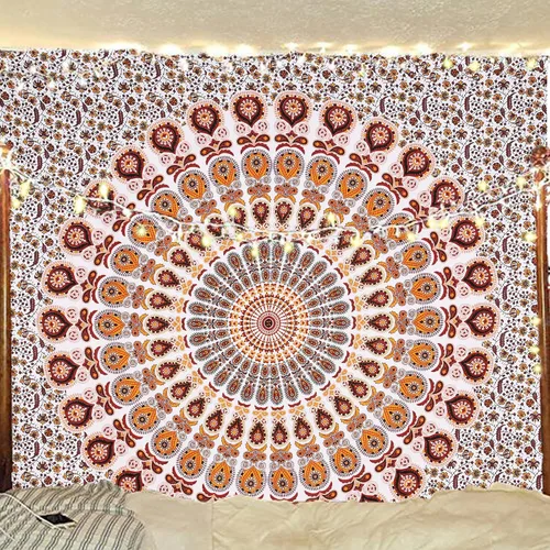 Vista 37 de Tapiz hippie indio bohemio psicodélico dorado azul pavo real mandala colgante en la pared (negro blanco, Queen (84 x 90 pulgadas) (84.6 x 90.6 in)