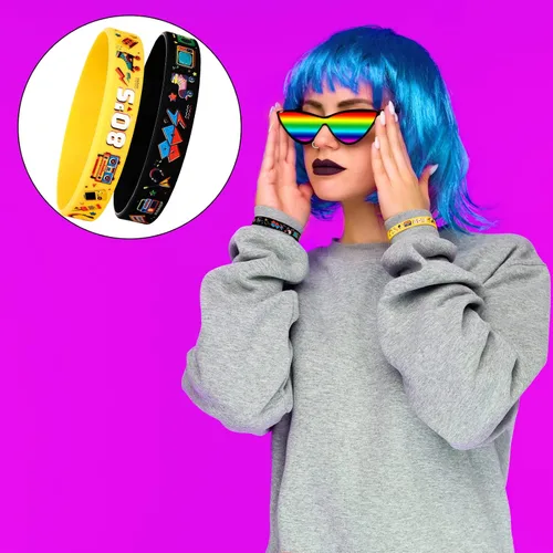 Vista 5 de Leitee 48 pulseras de silicona temáticas de los años 80 para mujeres y hombres, pulseras de goma retro de los años 80 para mujeres y hombres