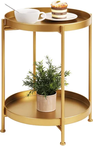 Vista 15 de Tiita 2 Pack Mesa Auxiliar Redonda Mesa de Centro Mesa Lateral de 2 Niveles Mesa de Noche/Mesa de Acento Pequeña de Hierro Mesa de Café para Sala