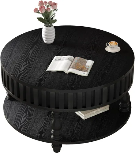Vista 7 de Mesa de centro redonda de madera de 31.49 pulgadas con almacenamiento, mesa de centro circular acanalada de 2 niveles con tapa y estante para sala