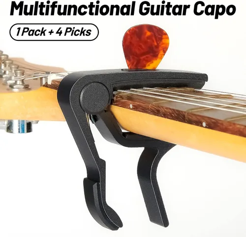 Vista 2 de Cejilla de guitarra, cejilla negra, soporte para púas en la cejilla para guitarra acústica y eléctrica, ukulele, mandolina, banjo (negro)
