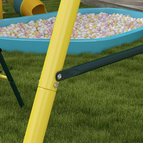Vista 8 de Outsunny Juego de columpios de 440 libras para patio trasero, soporte 5 en 1 resistente con marco en A, juego al aire libre para niños, con columpio