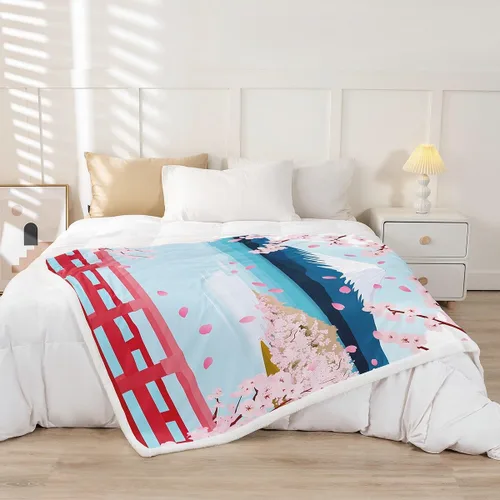 Vista 2 de Erosebridal Manta de forro polar con diseño de flores de cerezo, monte japonés, manta de cama Fuji de 30 x 40 pulgadas, manta de estilo japonés