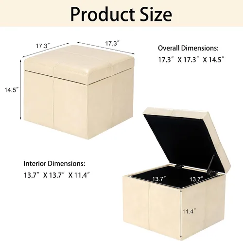 Vista 3 de Homebeez Faux Leather Storage Ottoman, 17.3" Square Upholstered Small Foot Rest Stool Cube Footstool with Hinged Lid, Load 300 lb, for Living Room